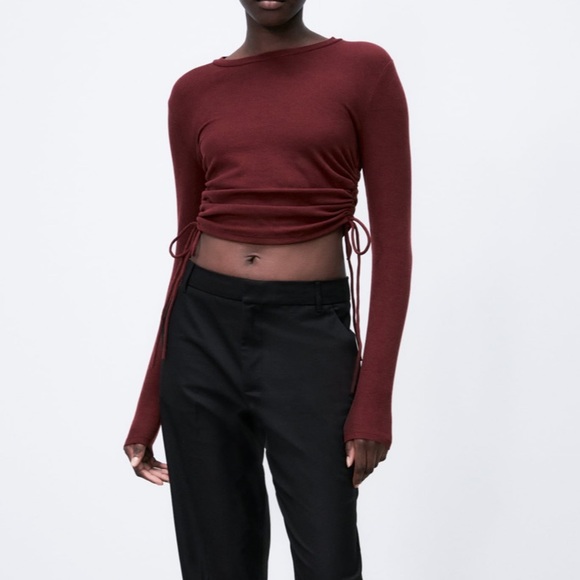 ZARA RIBBED GATHER DETAIL TOP Burgundy - Picture 3 of 12